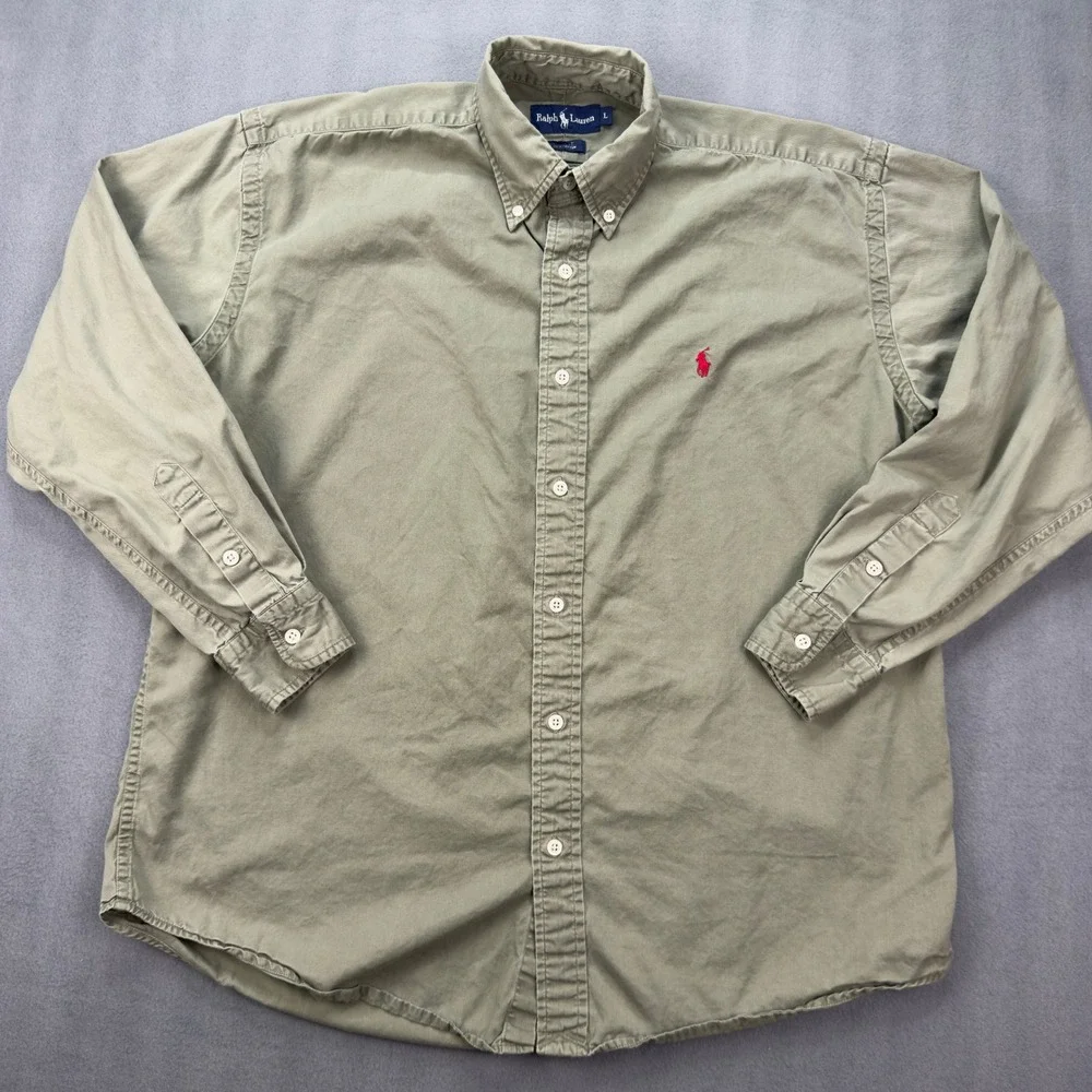 Polo Ralph Lauren Mens Large Sage Green Cotton Button Down Shirt Red Pony Logo